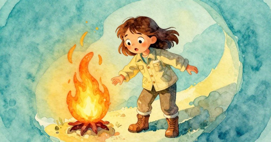 塔拉驚訝凝視燃燒器短暫綻放的橙光，其扭曲景象在海藍與芒果黃色調中顯得神秘且戲劇化。