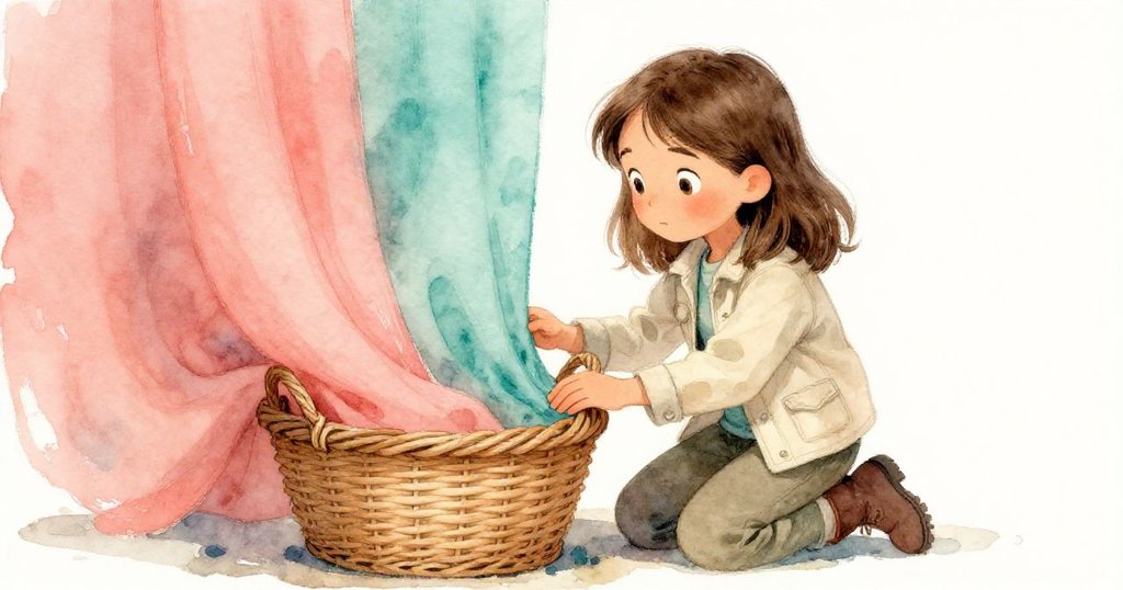 塔拉跪在彎曲的藤籃旁，輕觸隱藏的褪色布條，背景透出潮濕泥土與珊瑚粉光影，情緒低沉而沉思。