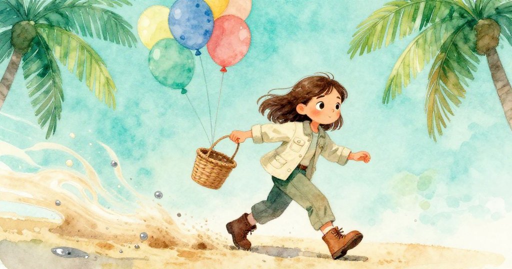 塔拉輕步前行，氣球籃隨涼空氣輕微傾斜，砂粒與水漣形成流動拖影，背景呈現清新藍綠調，神情謹慎期待。