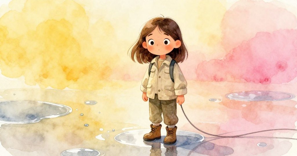 塔拉靜立於銀色水坑旁，輕觸通風繩索，柠檬與金屬交織的味道映照她從容接受變化的心情，畫面溫柔而寓意深長。