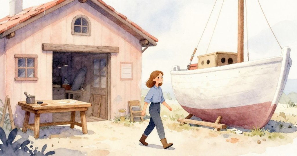 Luna輕步走在木工作坊外，斜射日光灑落在船體和工作台上，神情好奇，展現故事開頭的氛圍