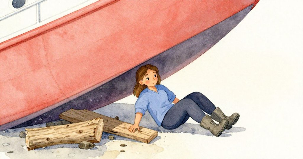 Luna俯身穿越船艙底部，滑動在染樹皮的木塊上，好奇檢查不整齊的木板，角度獨特表現戲劇衝突