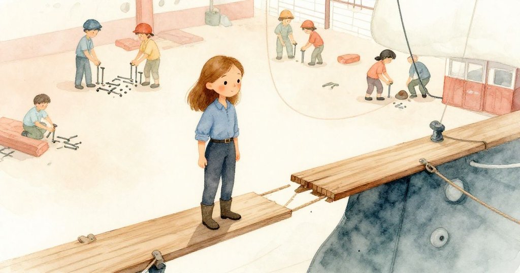 從高處俯瞰繁忙船塢，工作者節奏敲打木釘，Luna聚精會神檢查木板裂隙，營造寧靜與活力並存的氣氛