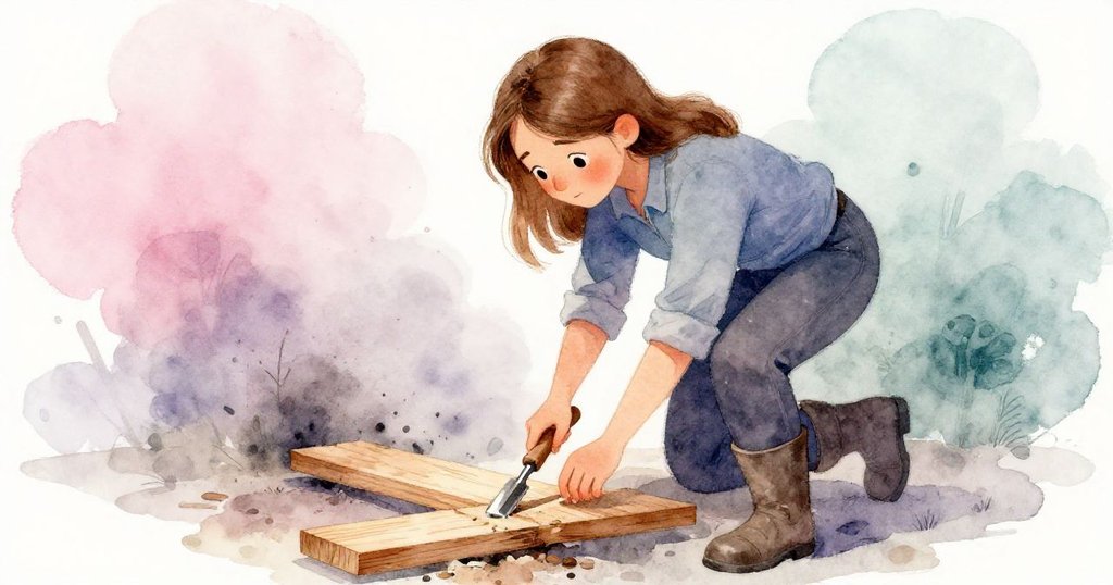 Luna手持鑿子輕輕敲擊歪斜木板，木材微移瞬間凝固，神情專注展現轉捩點的緊張氛圍