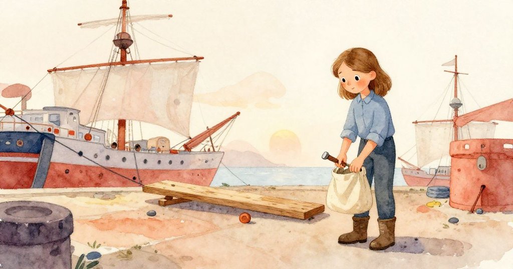 Luna在寬闊船塢中將鑿子收入帆布包，完成修正的木板融入整體結構，夕陽餘暉中呈現輕鬆滿足的結局