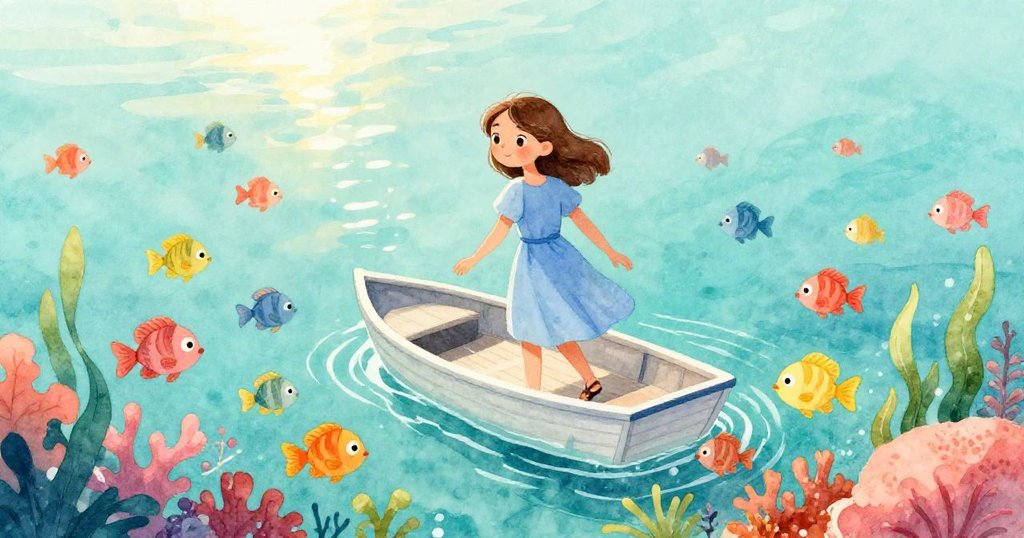 基拉從小船踏入膝深水域,周圍有活潑的魚群與珊瑚,清晨海洋燦爛,呈現探索與期待的情感。