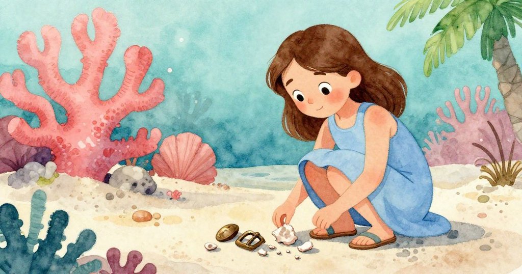 基拉蹲下仔細檢查新鮮的珊瑚碎片與半埋的青銅扣,光線柔和,展現探索與懷舊之情。