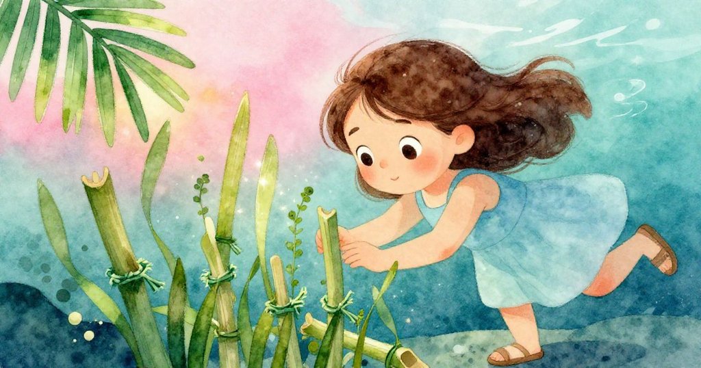 基拉俯身透過清澈水層觀察竹釘與海草幼苗,水如窗般展示珊瑚礁的歷史,心中充滿驚喜。