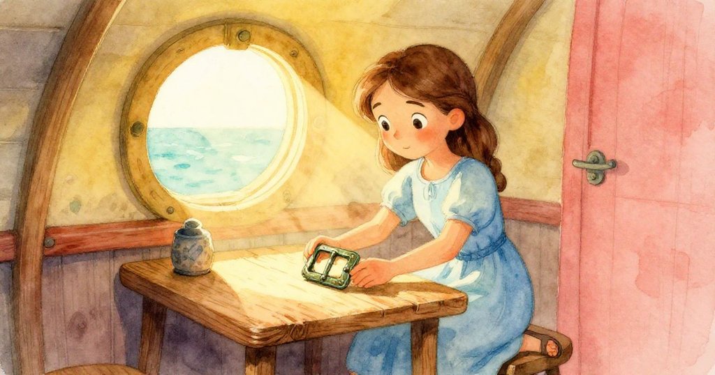 基拉在小船艙內木桌上輕放青銅扣,沉思過往記憶,溫暖光線營造出懷舊與安靜的氛圍。