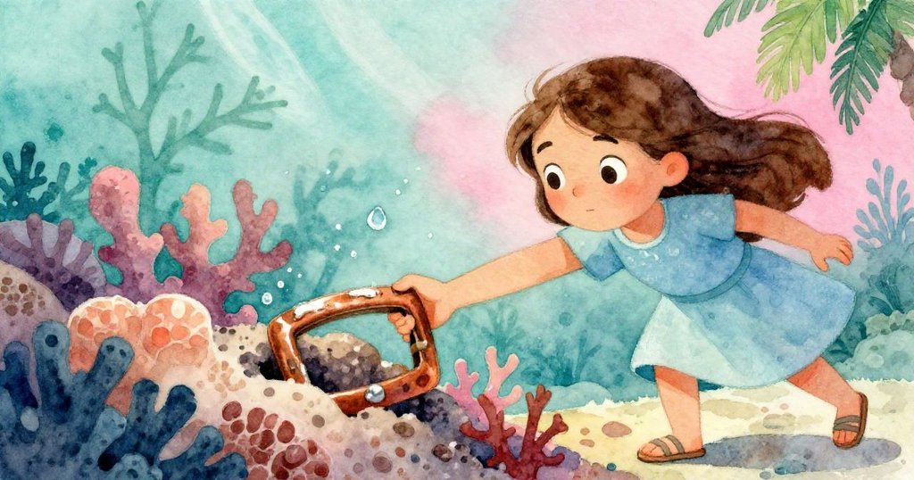 基拉伸手取回珊瑚間的青銅扣,水珠凝固展現瞬間決心,臉上流露出驚奇與堅毅情感。