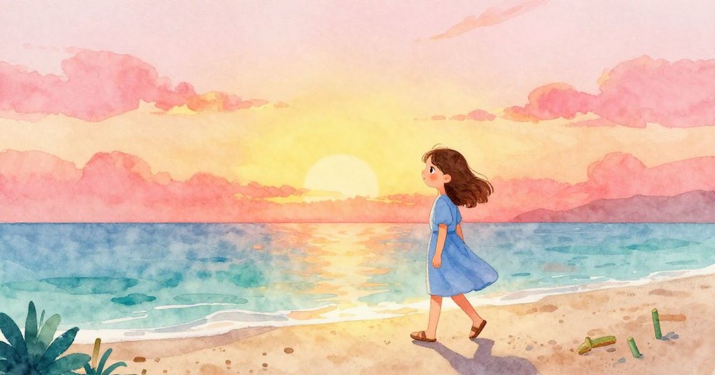 基拉在夕陽餘暉中沿沙灘行走,背後珊瑚與竹釘靜默留影,臉上帶著溫柔回憶與寧靜微笑。