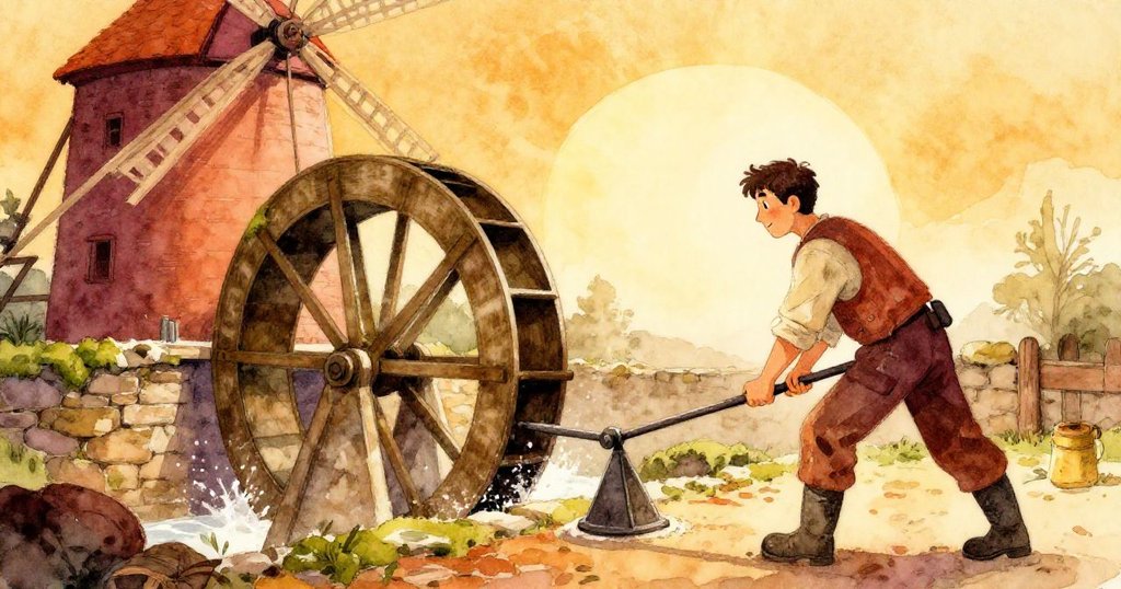 肯特在老磨坊前外景中推拉鐵杠,背景是轉動的水車與苔蘚石牆,陽光溫暖,空氣中飄散著麵粉。