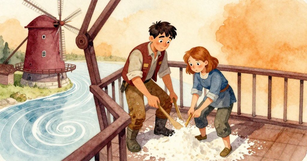 從磨坊高處露台眺望,肯特與海澤爾專注調整水流與麵粉旋舞,內部與自然光交織,展現合作與堅定。