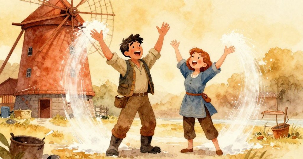 肯特與海澤爾開心互視慶祝,磨坊內麵粉優雅旋舞,溫暖燈光滲出喜悅和成功感。