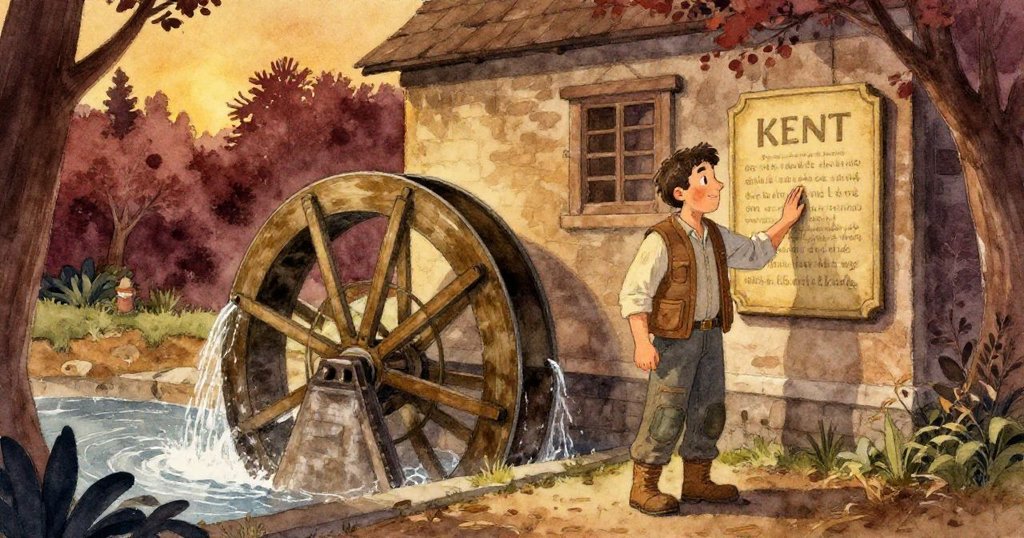 傍晚時分,肯特輕觸雕花木牌準備離開磨坊,外面水車持續轉動,銀色水流映襯著落日余暉,流露出溫柔告別。