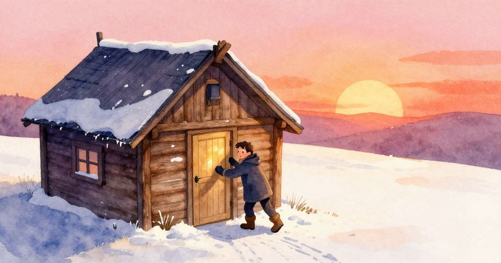 Erik走進被積雪覆蓋的小木屋，從空中俯瞰展現溫暖松木地板與細緻雪跡，情緒專注且期待新冒險。