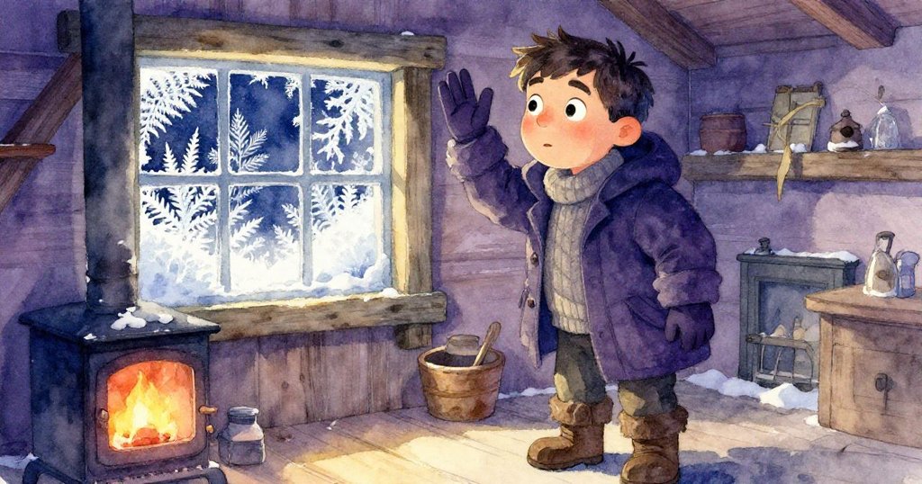 Erik戴手套仔細觸摸窗上精緻冰花，旁有冰冷爐具形成鮮明對比，室內神秘氛圍中充滿探索情感。