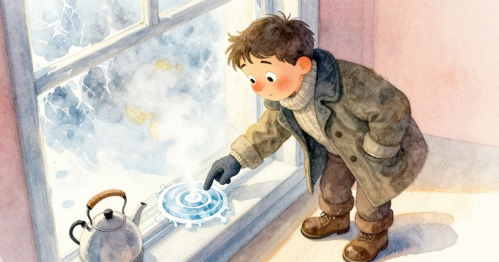 高角度捕捉Erik彎身觸碰冰窗，冰圈中蒸汽初起，呈現內心脆弱而期待轉變的冬日沉思。