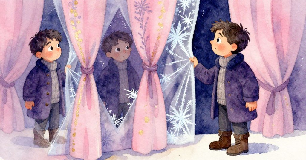 Erik凝視窗上冰霜與羊毛窗簾交織出奇幻幾何，映出他內心微妙情感，場景充滿夢幻與詩意。