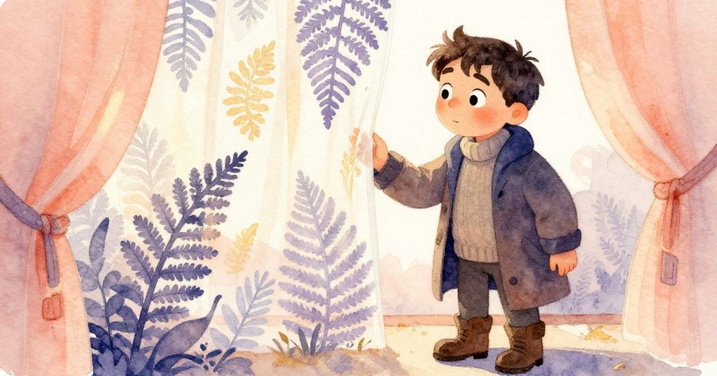 Erik驚喜發現窗上冰霜與窗簾紋理完美融合，臉上流露出好奇與沉思，室內溫暖光影中蘊含深意。