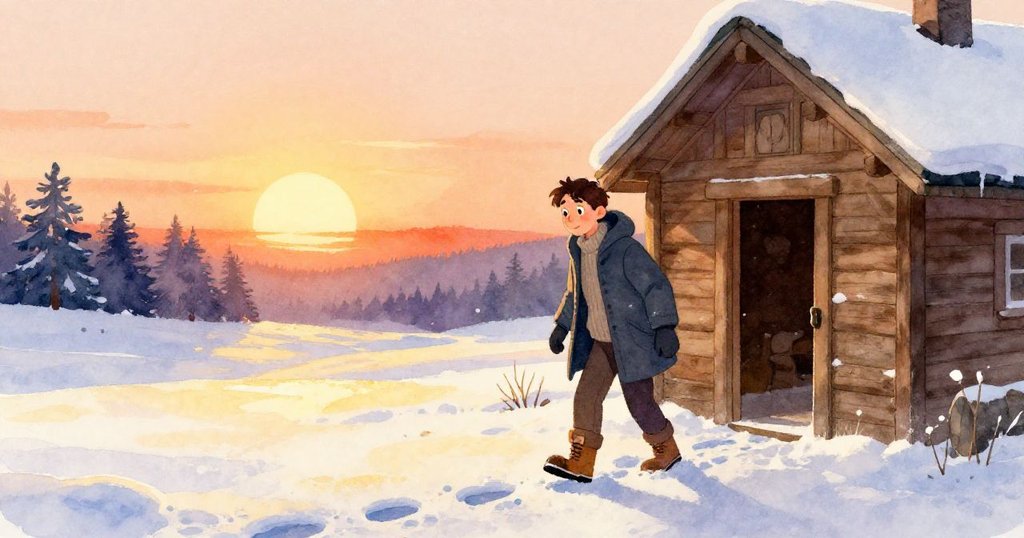 Erik在夕陽金光中走出小木屋，雪地上留下一串清晰腳印，室內冰圈漸融凍結，整體氛圍溫暖寧靜。