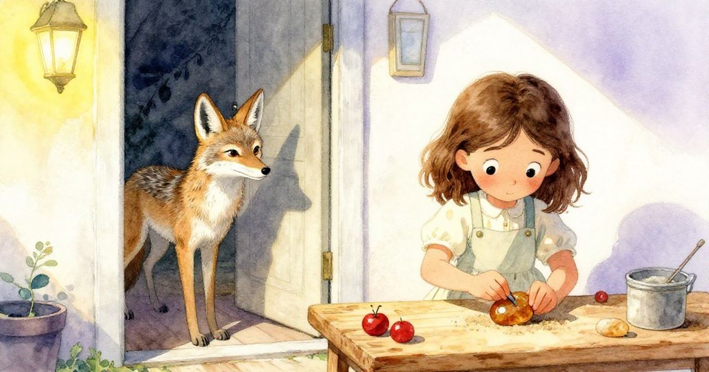 莉莉在溫暖的工作坊中用砂紙打磨琥珀石,門口的小狼小心翼翼出現,場景充滿金色柔光與好奇神情。