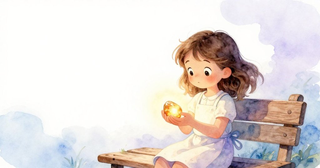 莉莉專注地用手捧著發光的琥珀石,背景留有廣闊空白,展現出寧靜與期待的情緒。