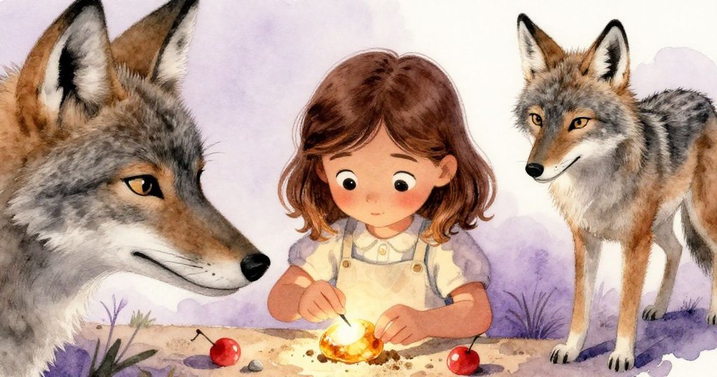 從小狼視角看,莉莉專注雕琢琥珀石,小狼透過低角度好奇探視,場景充滿溫暖神秘的氛圍。