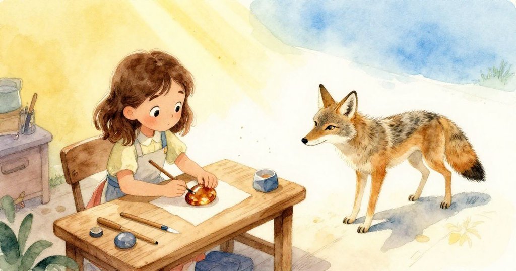 從高處俯瞰工作坊,莉莉在工作台前仔細雕琢琥珀石,小狼緩步靠近,陽光穿透塵埃營造出細膩氛圍。