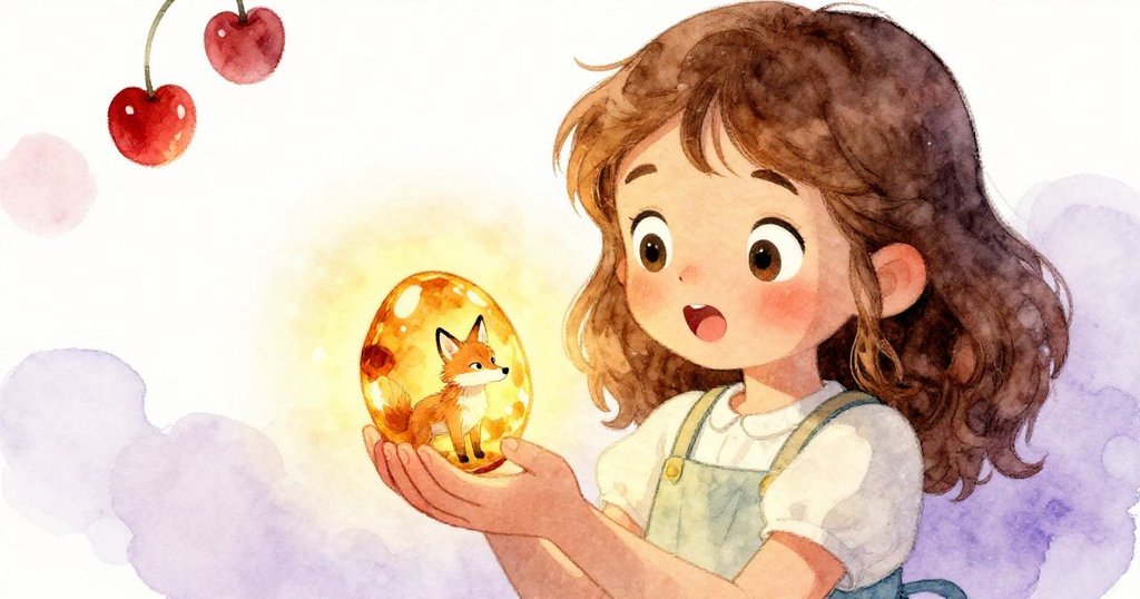 莉莉驚喜地發現琥珀石中雕刻出小狼輪廓,臉上流露出驚奇與喜悅,光線專注細膩呈現細節。