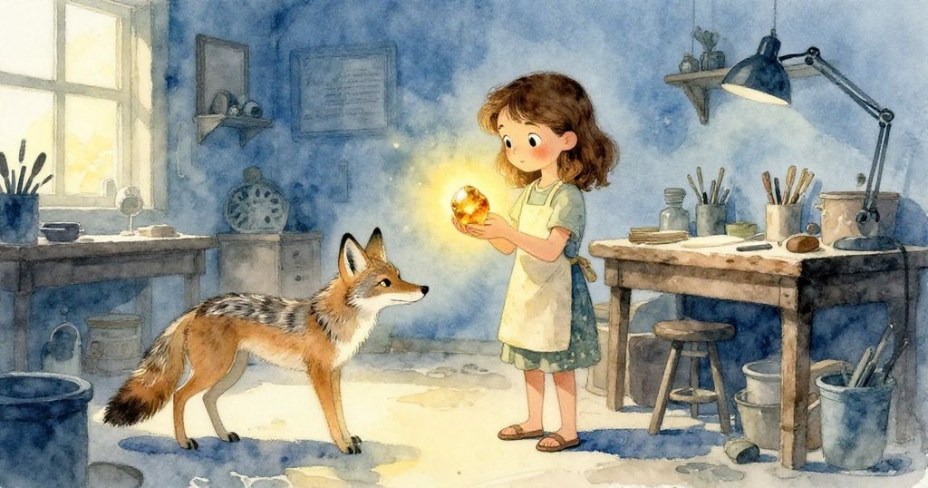 在寬闊的工作坊中,莉莉與小狼靜靜相對,共同分享琥珀石的微小故事,環境充滿沉穩與回味。