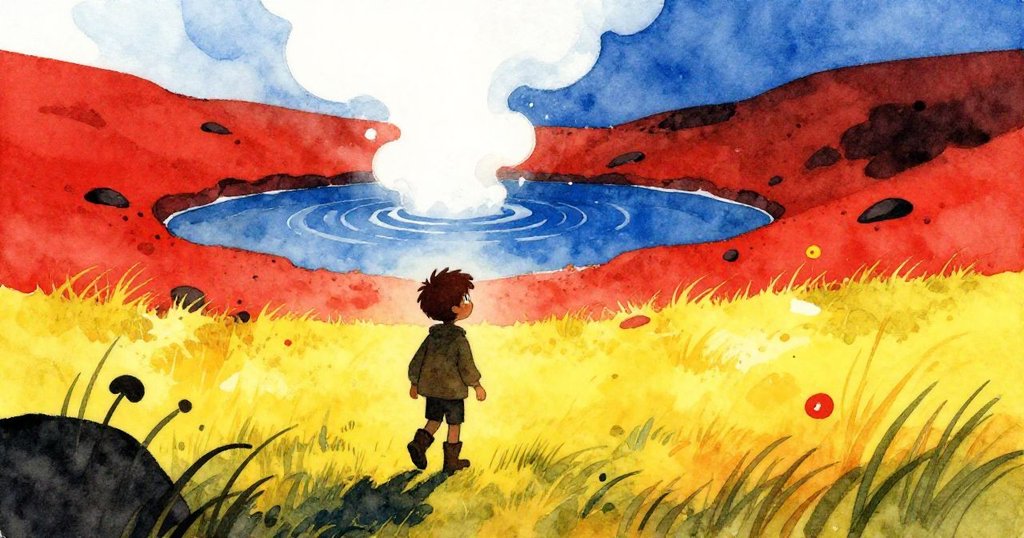 Hugo 站在遼闊草原前，身影在明亮背景下顯示出迎向冒蒸氣的池畔，帶著期待與好奇。