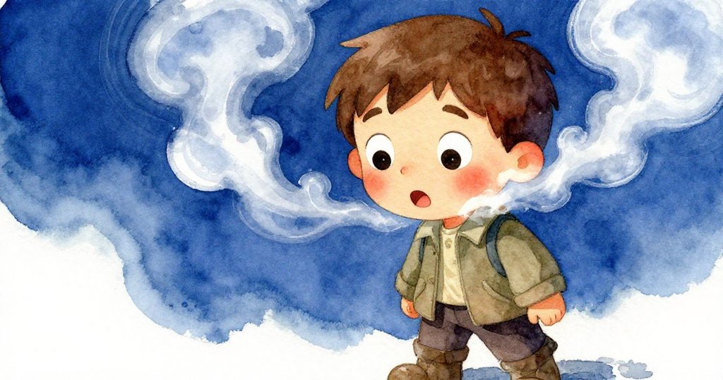 Hugo 靠近石邊，臉上驚訝表情明顯，與溫柔蒸氣互動，尋味溫泉秘密。