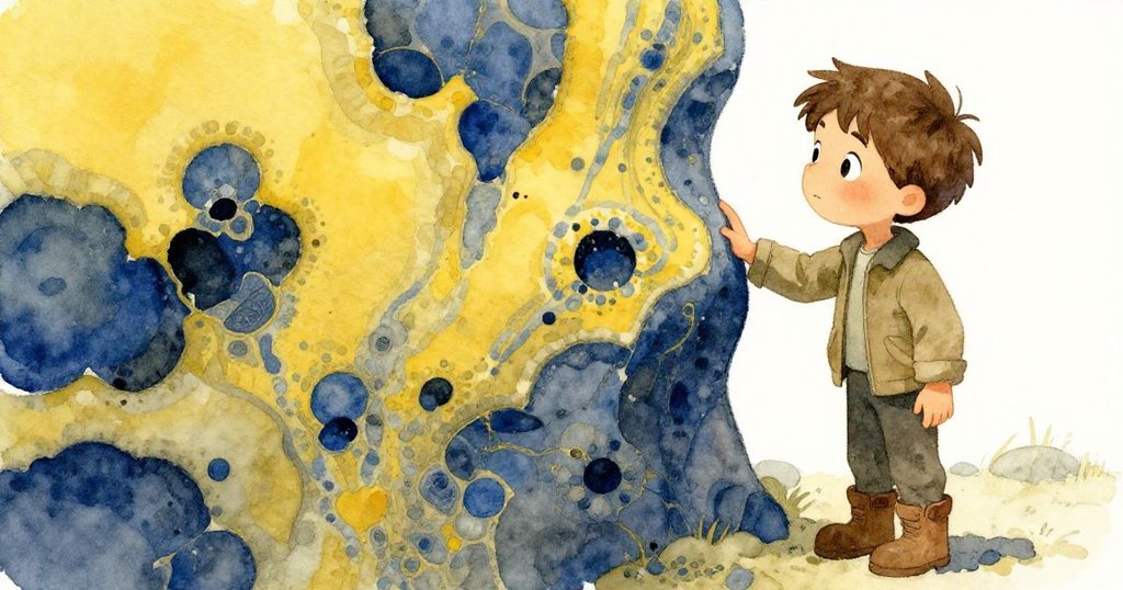 Hugo 以手觸碰石面，分屏展現探索動作與深思神情，細察礦物紋理變化。