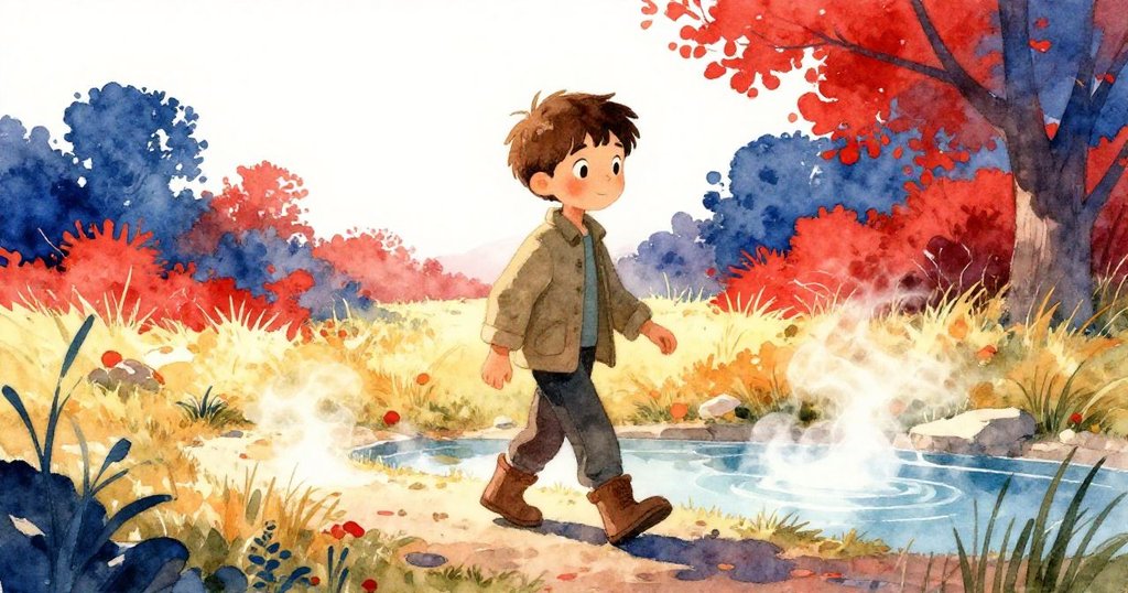 Hugo 在田野中漫步，背後秋日陽光灑落，環境細節豐富，展現季節氛圍。