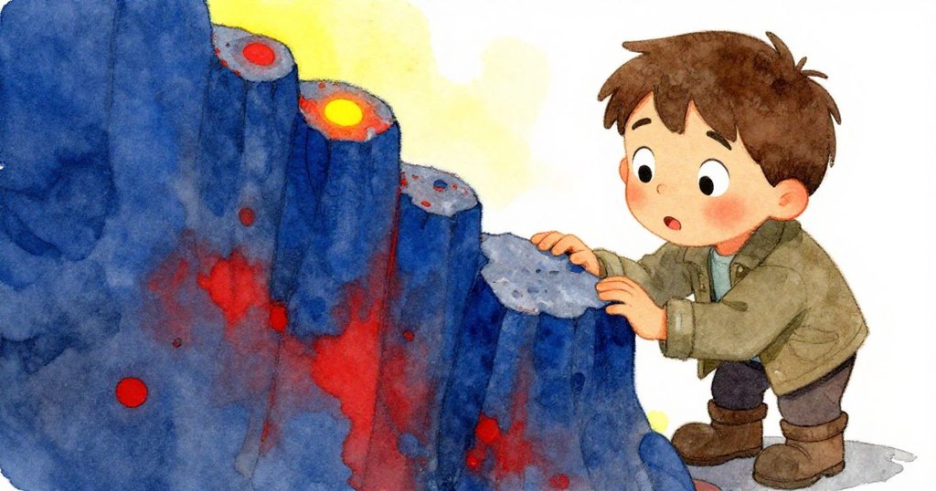 Hugo 發現新形成的珊瑚狀堤紋，俯身細看岩面細節，充滿驚喜與好奇。