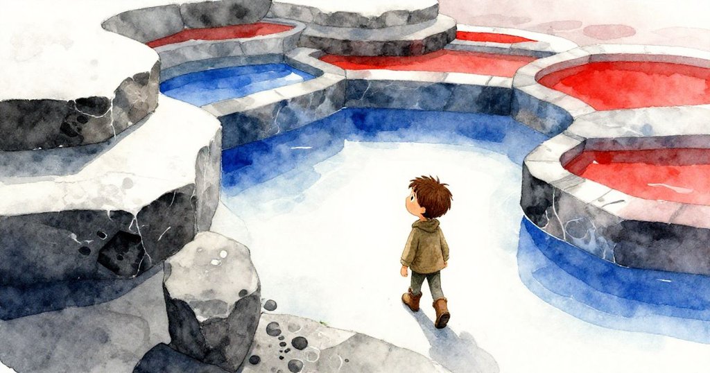 Hugo 轉身離開，廣角呈現池畔全貌與新堤紋光影，意猶未盡與沉靜。