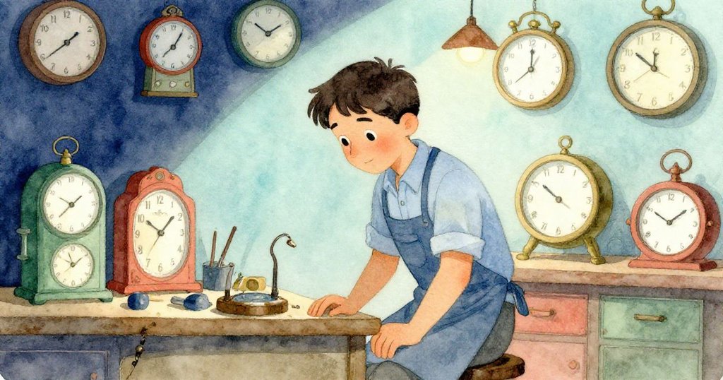 克魯斯在收下包裹後站在工作台前，對著牆上靜默的時鐘露出驚愕與沉思，氛圍神秘動人。