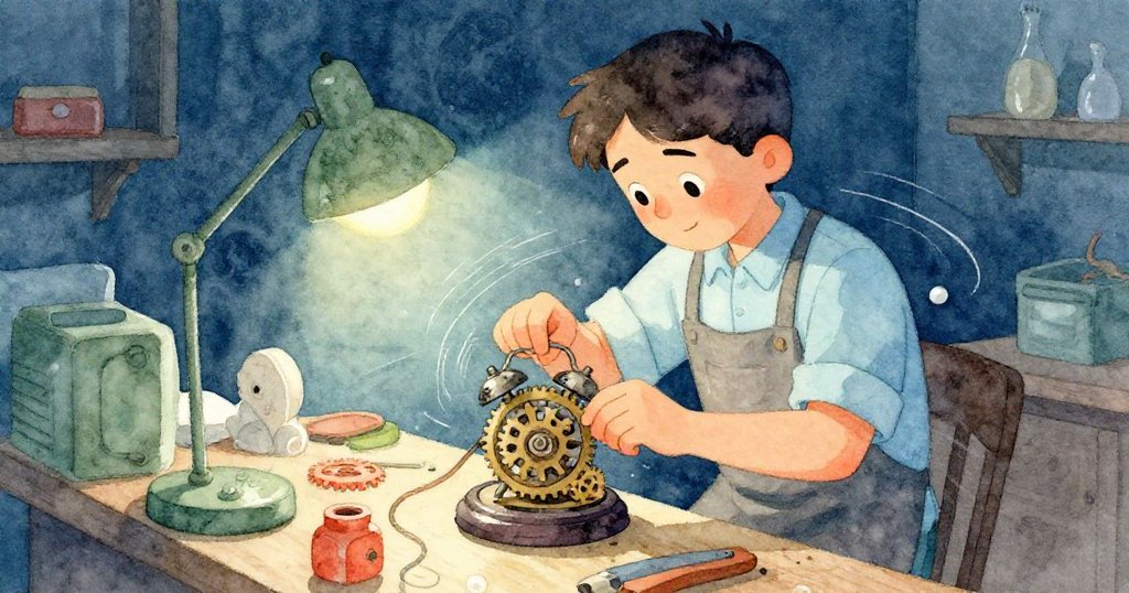 克魯斯在忙碌中專注操作工具，手部動作流暢劃過金屬表面，細微的刻痕隨齒輪運轉顯現出動感韻律。