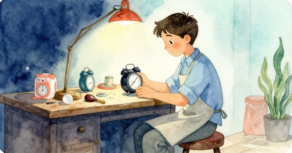 克魯斯靜坐於充滿歷史感的工作台前，溫柔凝望著剛修復的時鐘，神情沉思彷彿故事未完待續。