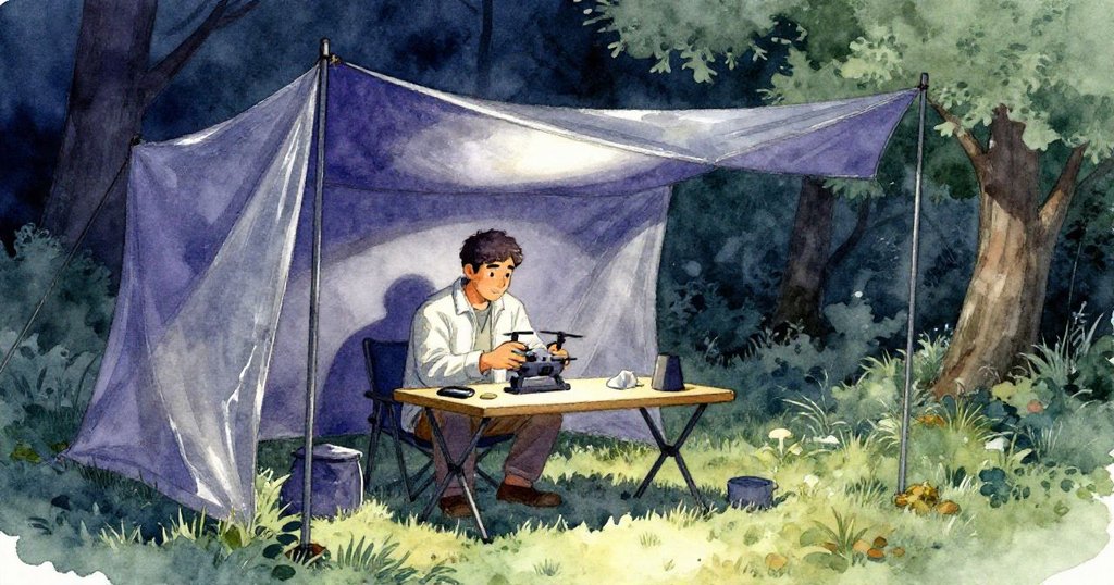 赫克托在畫布庇護所內操作無人機控制器，透過溫柔光線展現神秘氛圍，背景帶有深藍與深紫對比。