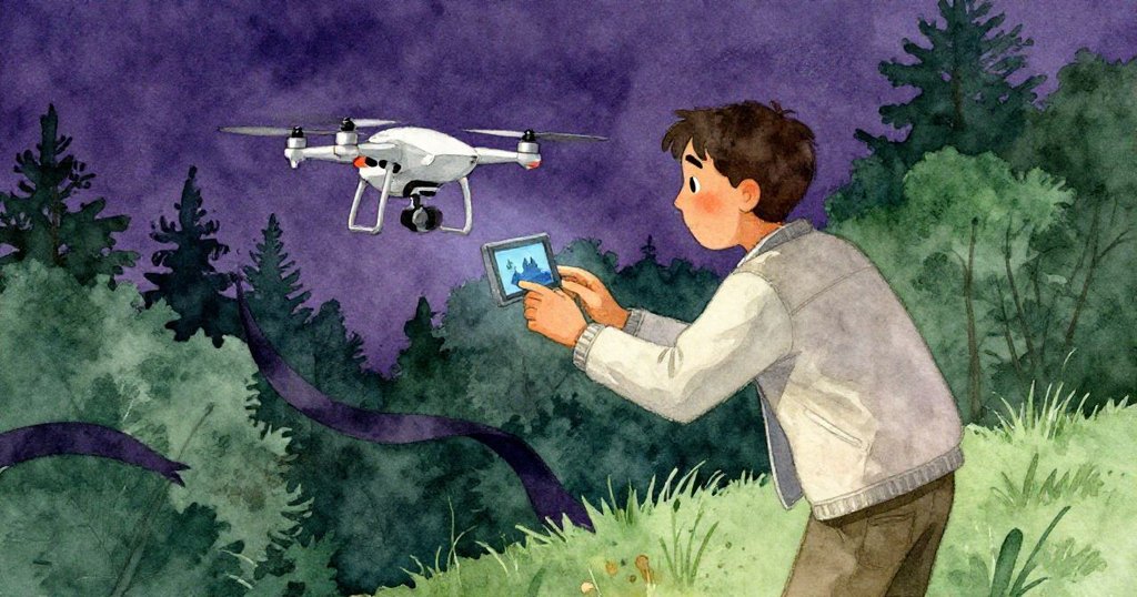 赫克托專注觀看無人機螢幕，樹梢與暗線交織留白，神情堅定呈現室內光影效果。