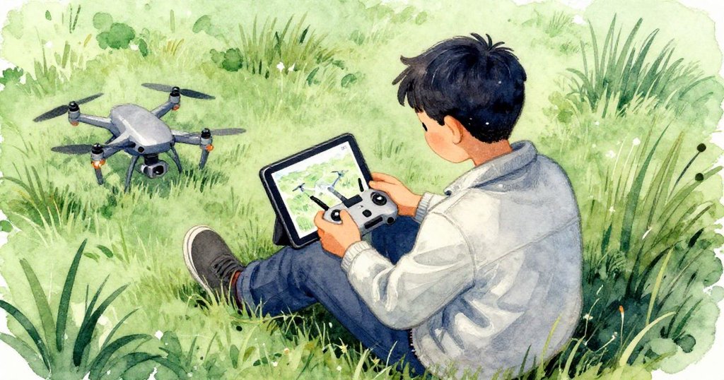 從高角度看，赫克托坐姿放鬆卻專注於螢幕細節，屏幕流露濕地秘密，室內光線柔和。