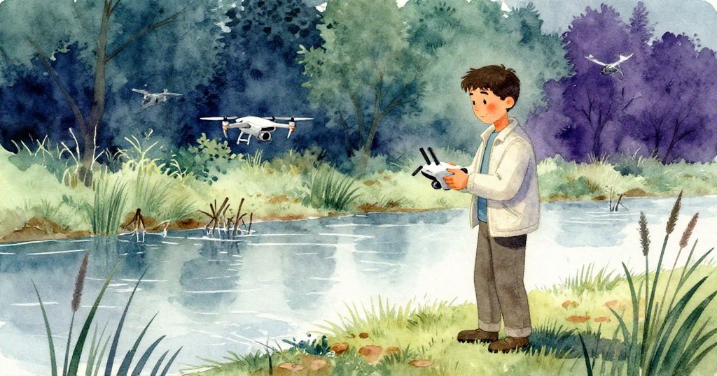 赫克托在戶外水道旁操控無人機，飛越蘆葦與濕潤泥土，綠意與冷光明顯呈現自然氣息。