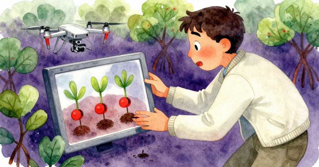 赫克托近距離凝視螢幕，紅樹苗中紅色點綴映襯其驚喜與堅定神情，氣氛充滿神秘感。