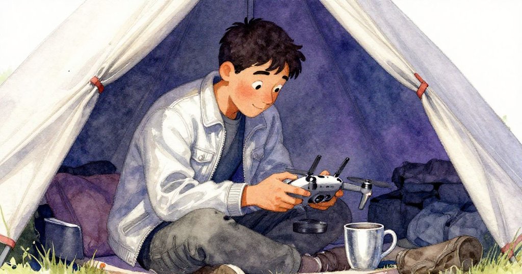 赫克托在帳篷內靜思，桌上咖啡杯反射微光，與先前發現相互呼應，神情沉靜而溫柔。