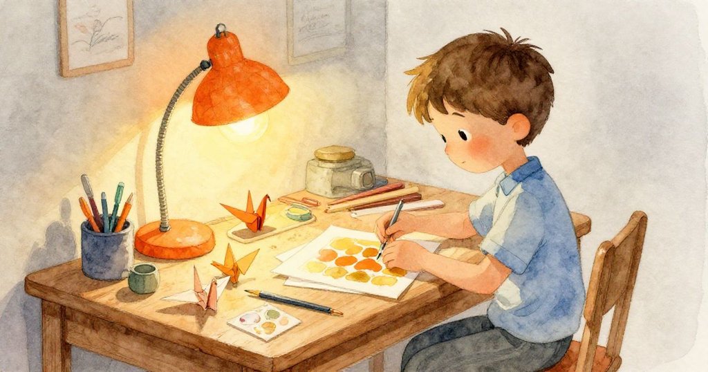 Ned坐在充滿紙鶴和工具的桌邊，專注地整理摺紙作品，背景燈光柔和，故事開端充滿創意與熱情。