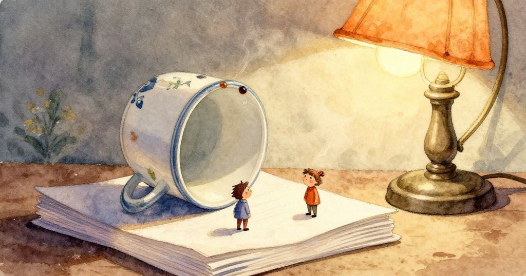 Ned輕觸陶瓷杯與潔白紙張，光線映出茶水邊緣細節，呈現明暗對比，情感細膩且溫暖。