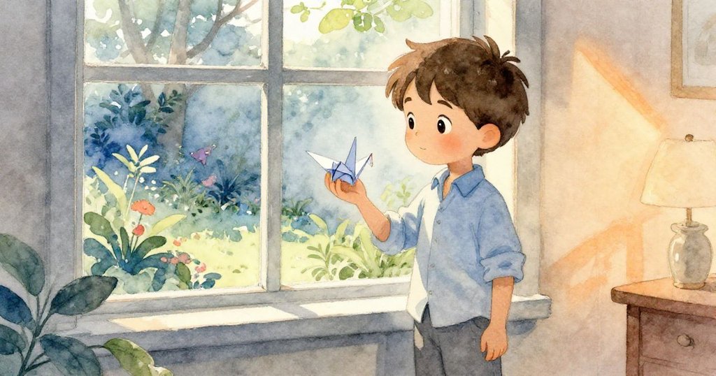 Ned站在窗邊凝望外面翠綠小院，手持紙鶴，室內淡淡燈光與自然光交織，充滿寧靜與新希望。