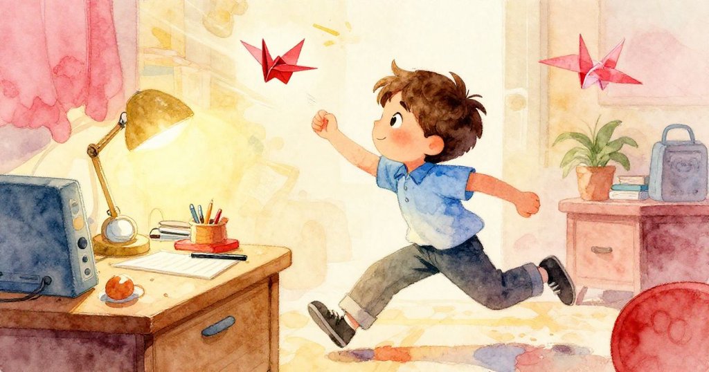 Ned急步追趕從桌上飄落的紙鶴，動感十足動作鮮明，表情專注且略帶緊張，故事進入高潮。